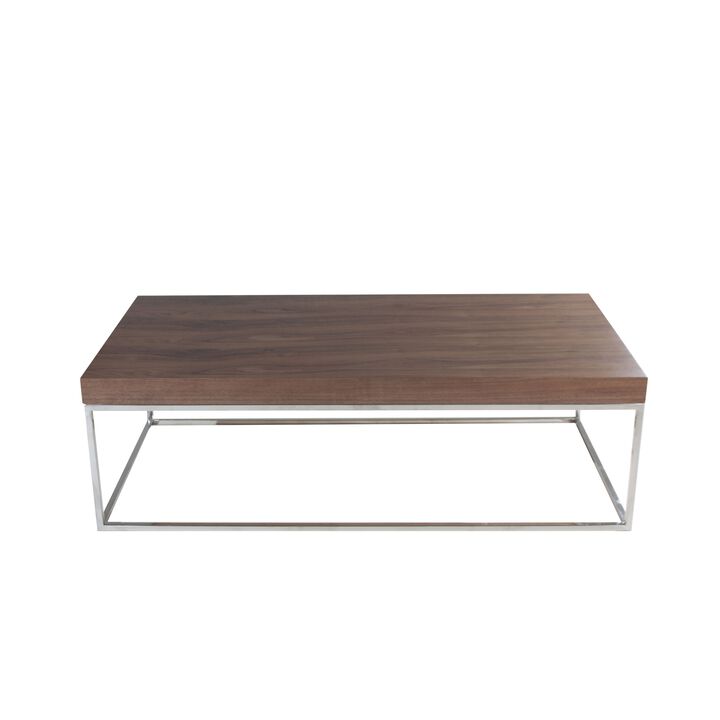 Zen 48 Inch Coffee Table, Rectangular, Chrome Base, Walnut Brown Wood Top