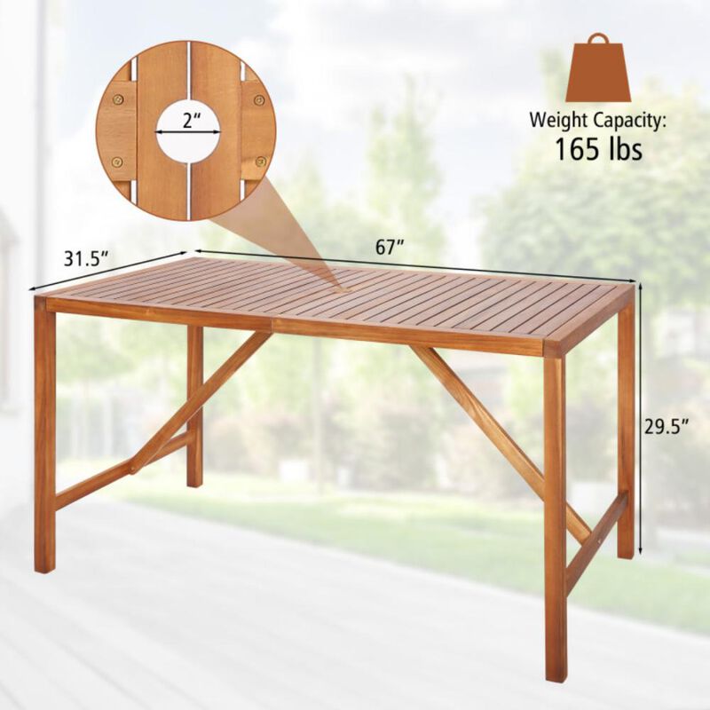 Hivvago 67 Inch Patio Rectangle Acacia Wood Dining Table with Umbrella Hole