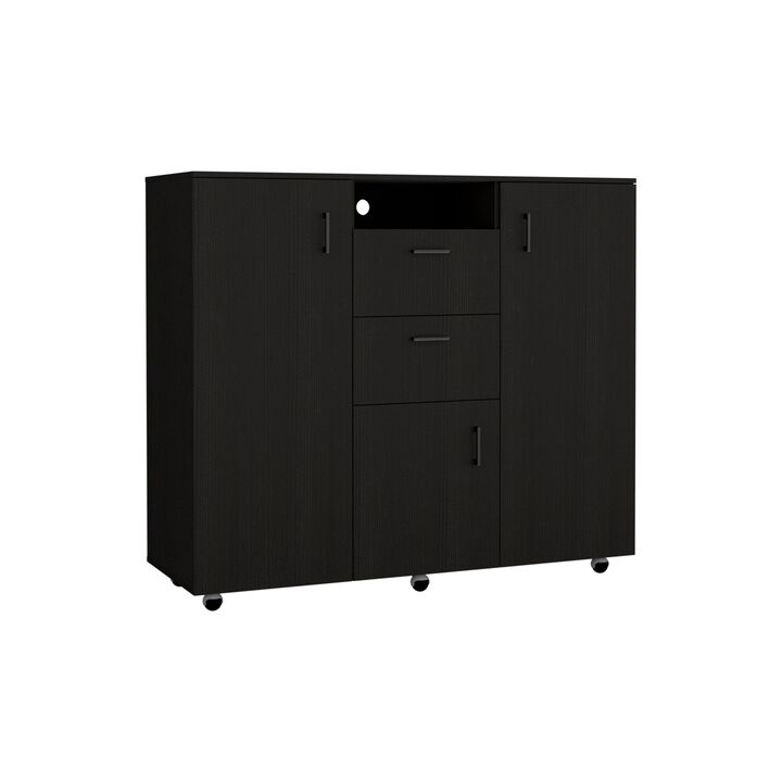 Letna Double Door Cabinet Dresser, Two Drawers, Four Interior Shelves, Three Cabinets With Door, Rod  -Black