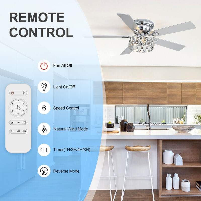 Breezary 52" Flush Mount Ceiling Fan with Light, 3 E12 Bulbs Required, 6 Speeds, Remote, 5 Blades image number 2