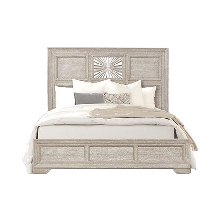 Diaz Queen Bed, Sunburst Pattern, Recessed Panel, Light Gray Wood - Benzara