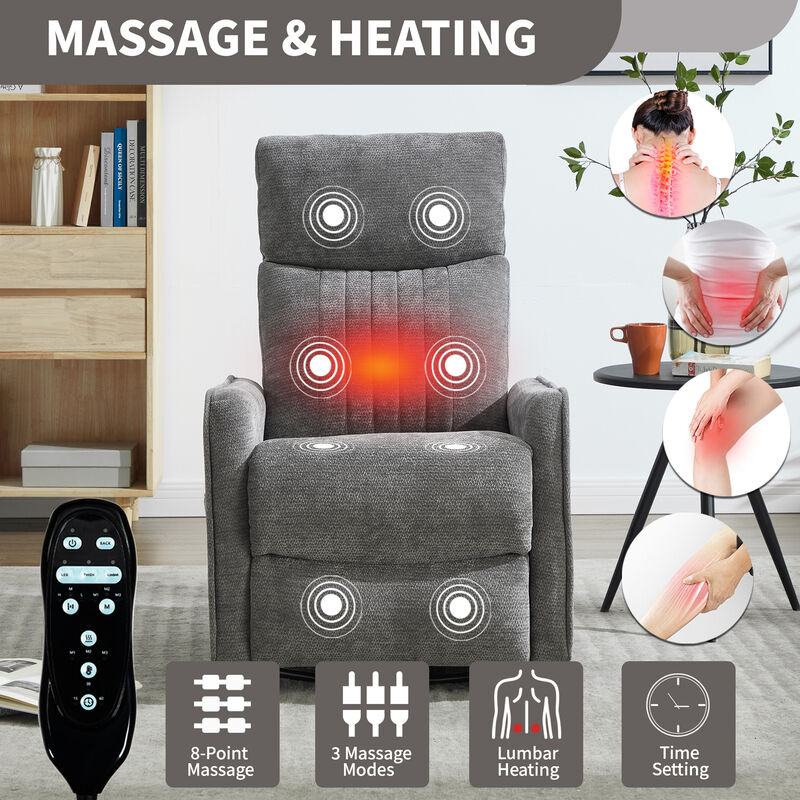 Heat Massage Manual Recliner Chair with Rocker and Swivel in Fabric for Living Room, Dark Grey
