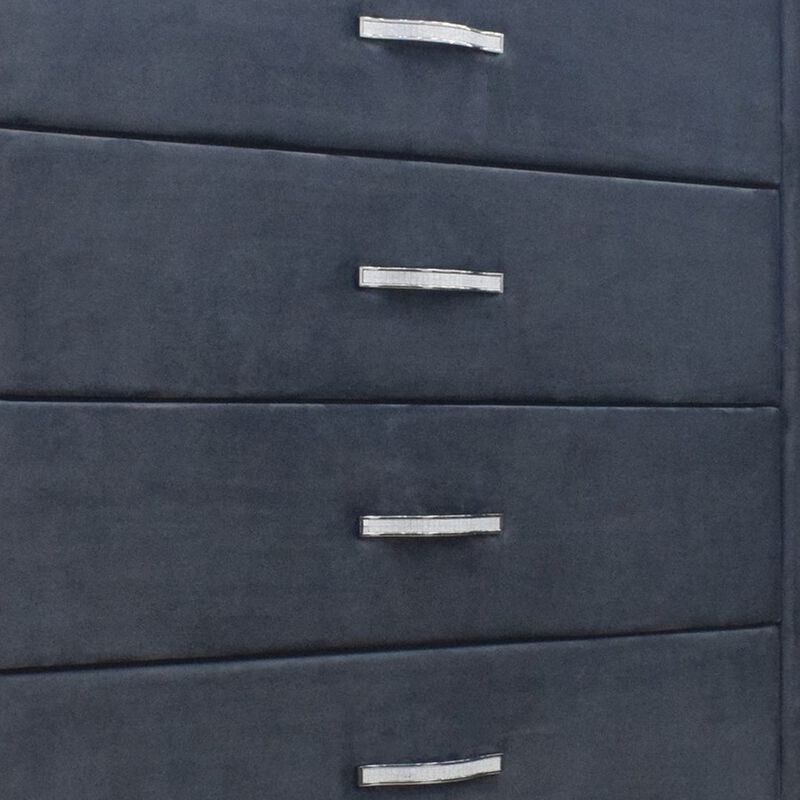 Moha 50 Inch Tall 5 Drawer Dresser Chest, Glass Top Gray Velvet Upholstered-Benzara