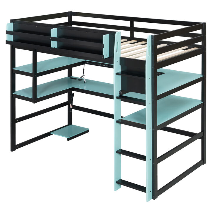 Merax Gaming Wood Loft Bed with RGB LED, USB Ports & Storage Rack