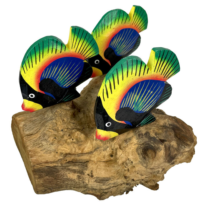 Handcrafted Driftwood & 3 Tropical Fish Sculpture Coastal Nautical Table Decor