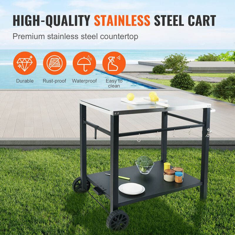 Modular Outdoor Grill Cart &ndash; Stainless Steel Worktable with Shelves, Handle, and Wheels for Pizza Oven & BBQ Setup