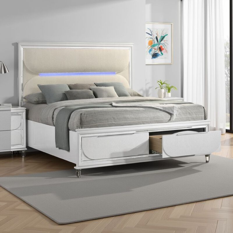 Rara King Size Bed, 2 Storage Drawers, LED, White Boucle Upholstery - Benzara
