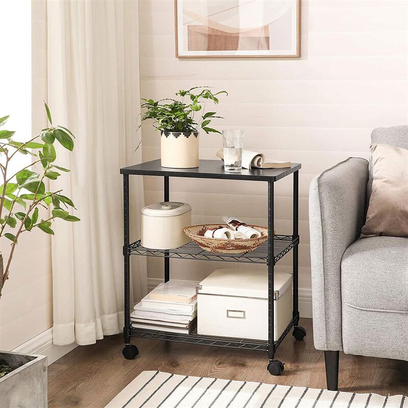 Printer Stand, 3-Tier Rolling Printer Cart on Wheels, Fax Stand with Metal Frame, Black