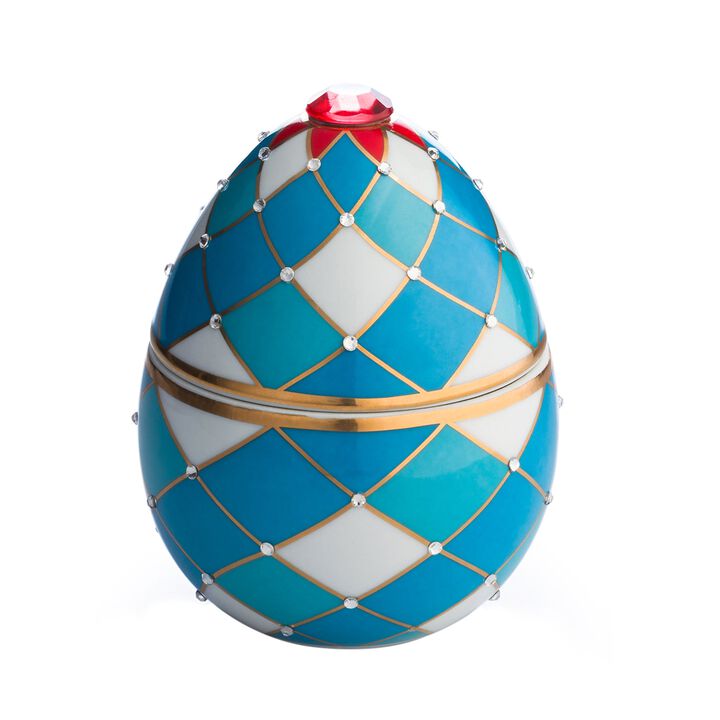 Candle in Ceramic Egg BOIS DE ROUSSIE 7 oz Harlequin Blue 5.12 diam. x 6.5 in