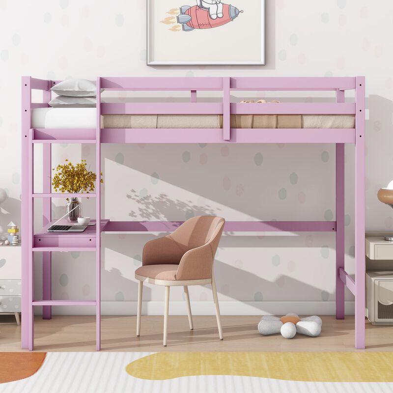 Whisen Twin High Loft Bed, Rubber Wood Loft Bed with Ladder, Safety Guardrail and built-in desk - Gray