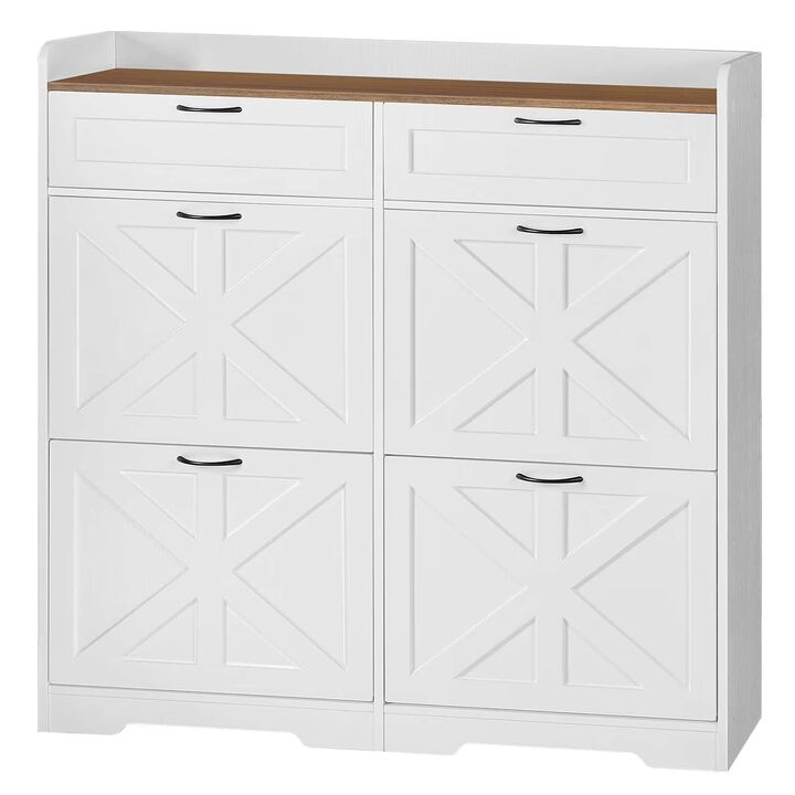 Farmhouse Style Shoe Organizer Cabinet with Flip-Down Storage Drawers-White