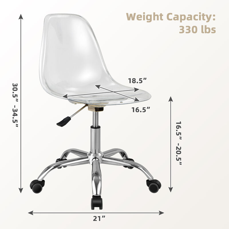 Costway Rolling Acrylic Armless Office Chair Swivel Vanity Chair Adjustable Height
