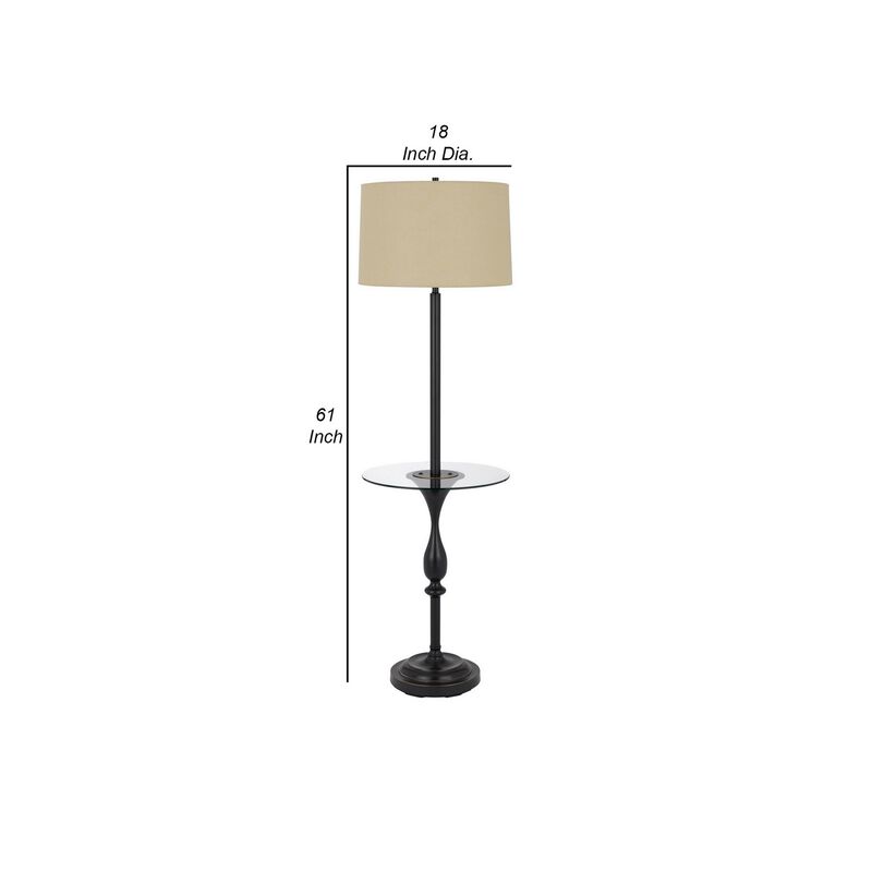 Ava 61 Inch Modern Floor Lamp, Glass Tray Table, 1 USB Port, Dark Bronze-Benzara