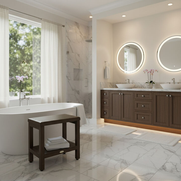 DecoTeak Eleganto 18" Teak Wood Shower Bench with Shelf in Woodland Brown Finish