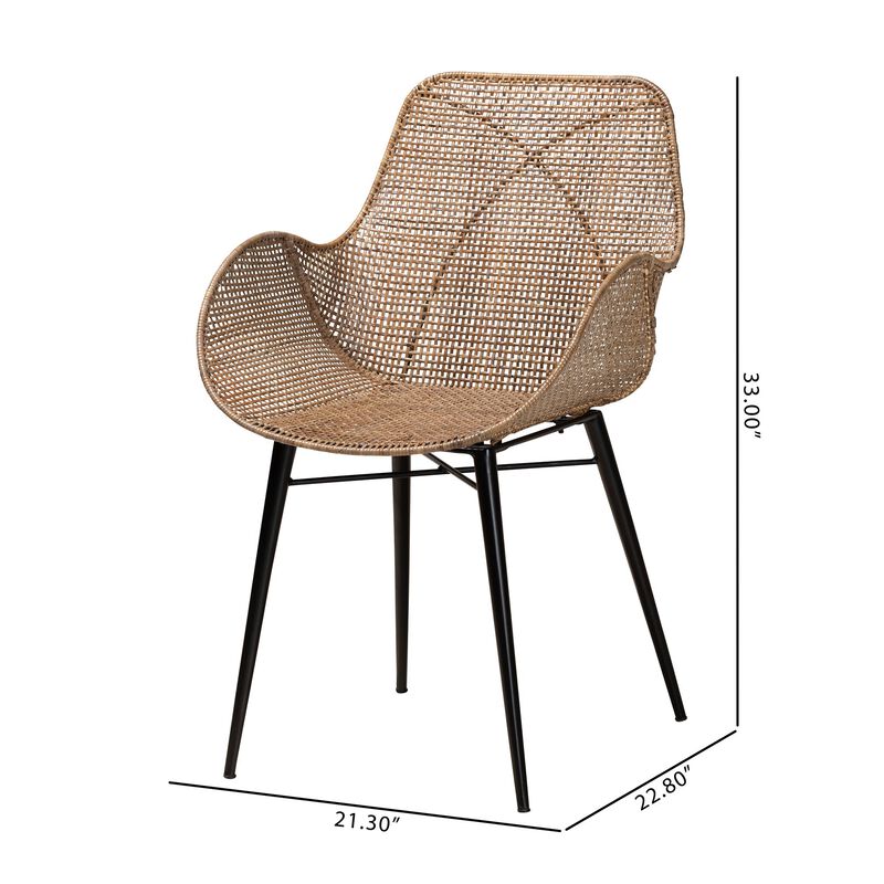 Baxton Studio Ballerina Modern Bohemian Greywashed Rattan and Black Metal 2-Piece Dining Chair Set