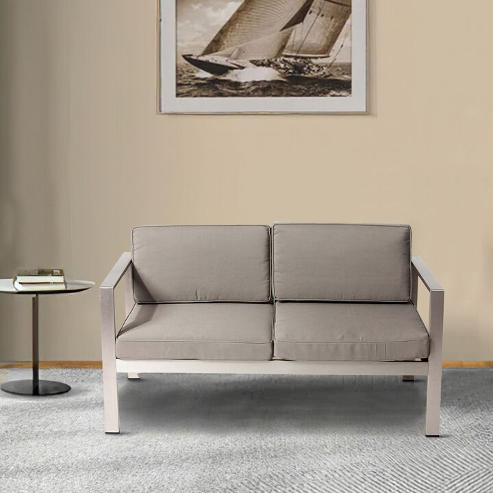 Kili 54 Inch Sofa, Sleek Silver Aluminum Frame, Water Resistant Cushions-Benzara