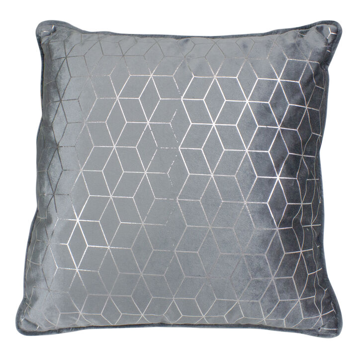 19" Gray and Silver Velvet Throw Pillow with Geometric Design