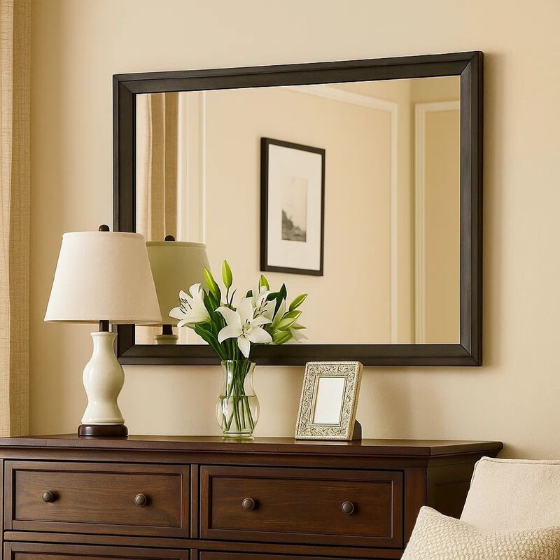 45 Inch Rectangular Wooden Frame Contemporary Mirror, Gray