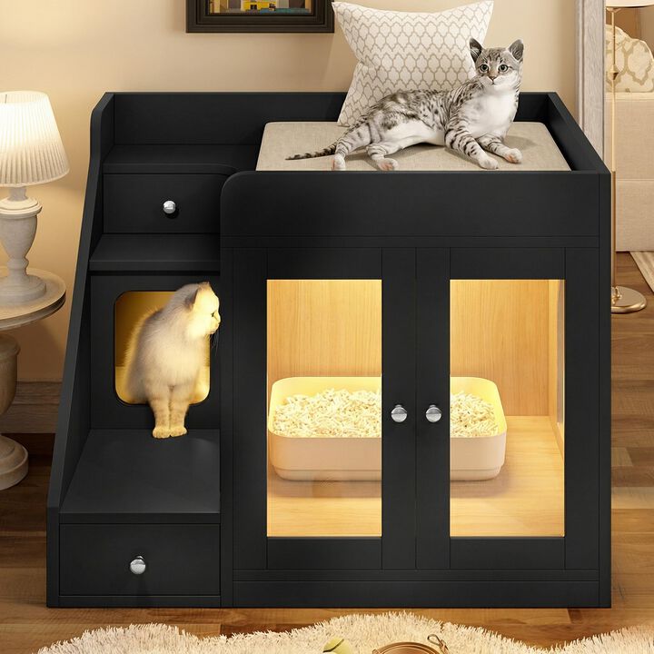 Whisen 32.6" Pet Furniture, Cat Litter Box Enclosure with 2 Drawers & Light, MDF Hidden Litter Cabinet, Indoor Cat House Table