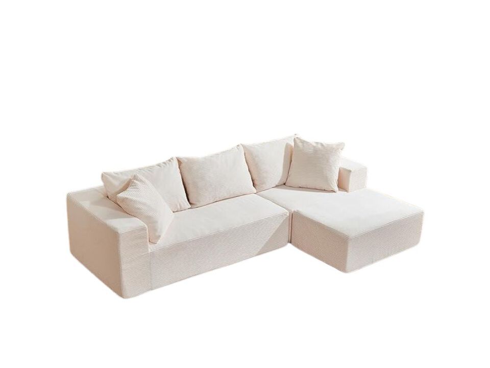 108" L Shaped Boneless Sectional Sofa Beige Corduroy Modular Couch with Ottoman