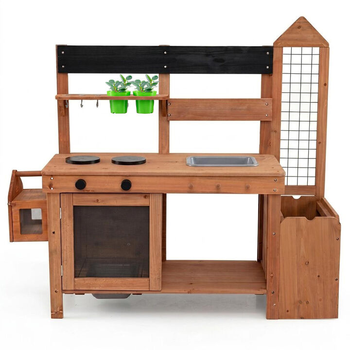 Kids Outdoor Wooden Mud Kitchen with Sink and Planter Box