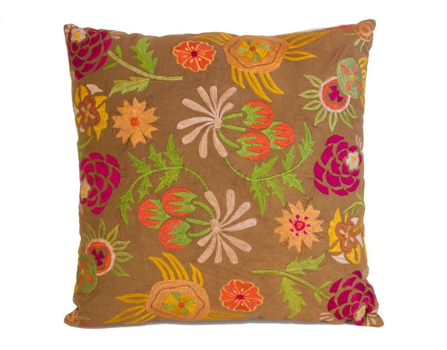 HomeRoots Set of Two 20" Brown Green And Pink Floral Cotton Throw Pillows with Embroidery