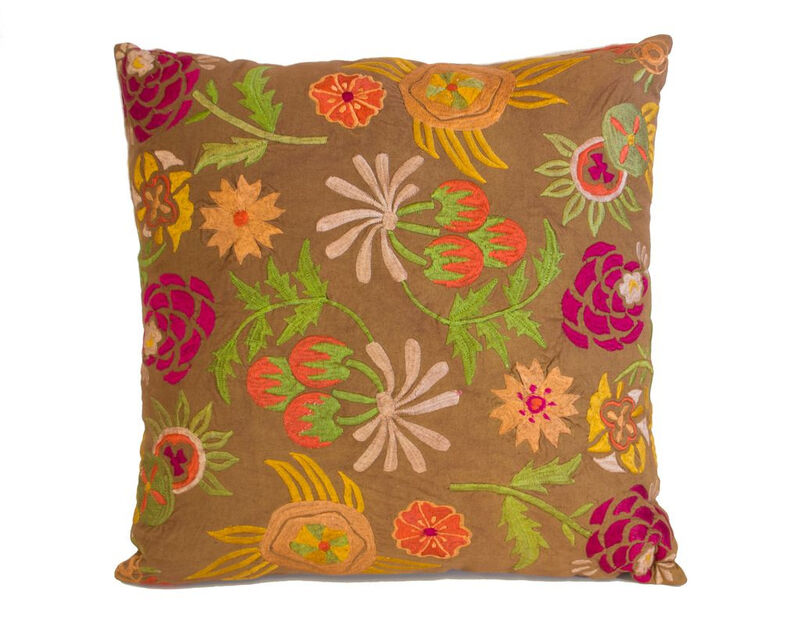 HomeRoots Set of Two 20" Brown Green And Pink Floral Cotton Throw Pillows with Embroidery image number 0