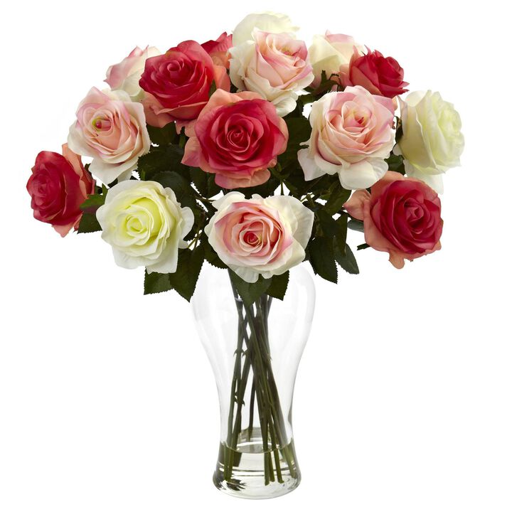 Nearly Natural Assorted Blooming Roses w/Vase Asstored Pastels