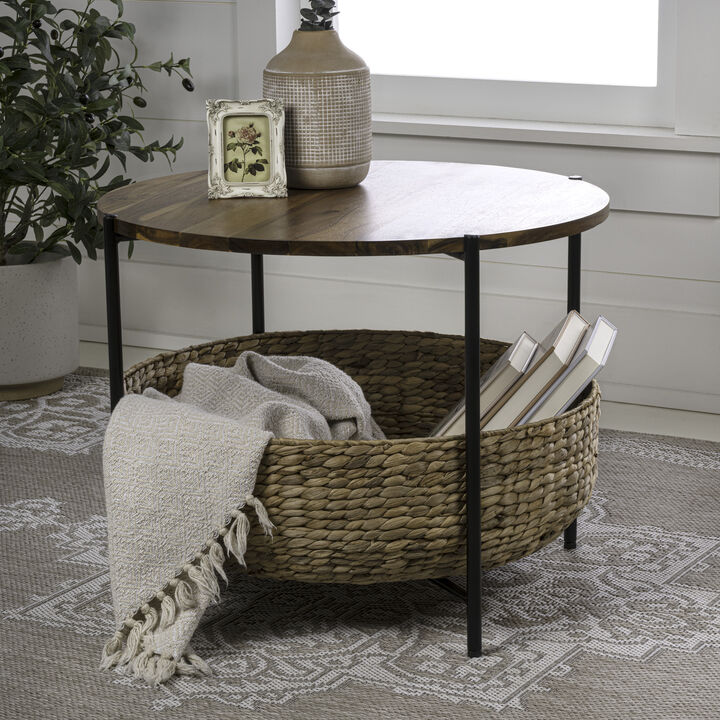 Carly 24.21" Modern Coastal Round Acacia Wood/Water Hyacinth Coffee Table with Storage Basket