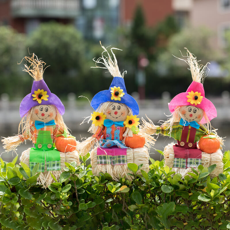 Gardenised 12 Inch Sitting on Straw and Hay Bales Multicolor Trio Scarecrows for Halloween, Fall and All Time Season Garden Decor, Scatter them Around or Gather them Together for a Mesmerizing Display