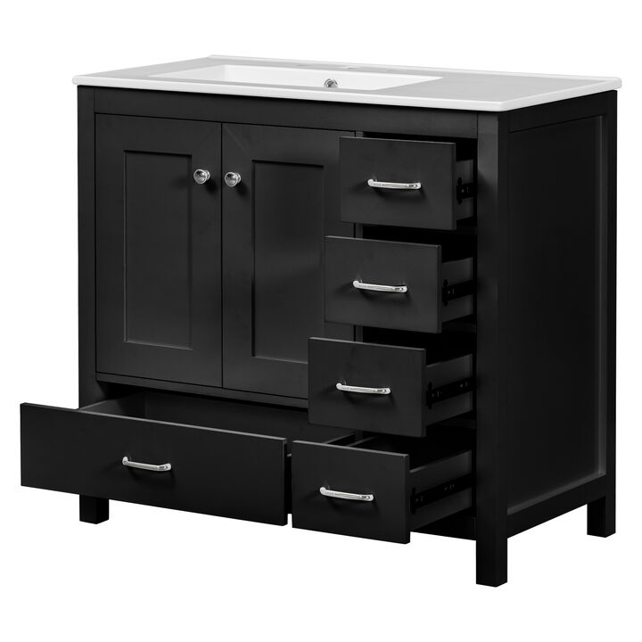 Merax Bathroom Vanity with Ceramic Sink  Freestanding Recessed  5 Drawers & 2 Soft-Close Doors Storage Cabinet Combo