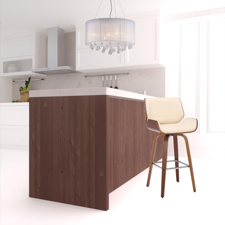 Hivvago 26 Inch Cream And Brown Faux Leather And Solid Wood Swivel Counter Height Bar Chair