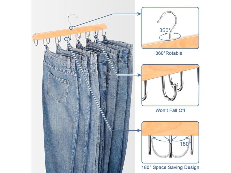 14-Hook Jean Hangers for Closet | Space-Saving Wood, 180&deg; Rotating Hooks image number 2