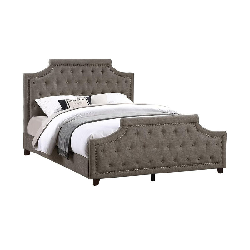 Gia Upholstered King Size Bed, Clipped Corners, Rich Brown Polyester Fabric - Benzara