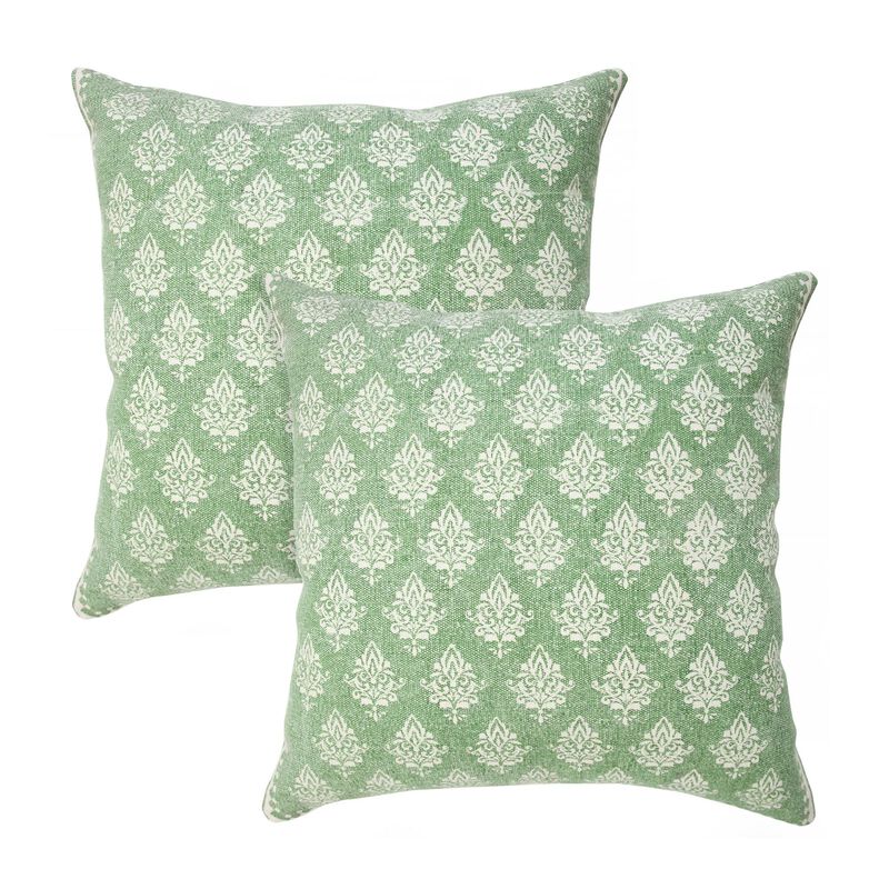 HomeRoots Set of Two 20" Green And Off White Damask Cotton Throw Pillows image number 0