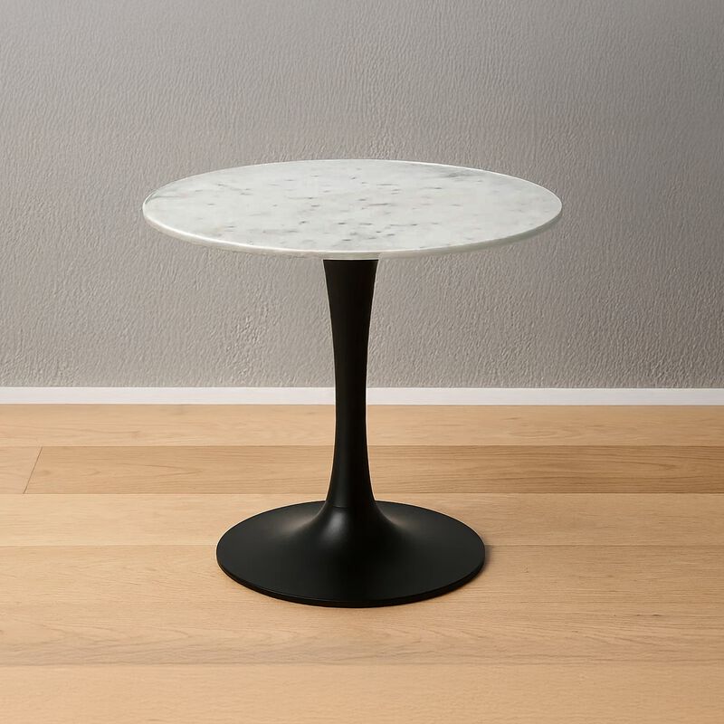 Mara Dining Table | 30 Inch Round White Genuine Marble Top | Black Metal Tulip Padestal Base