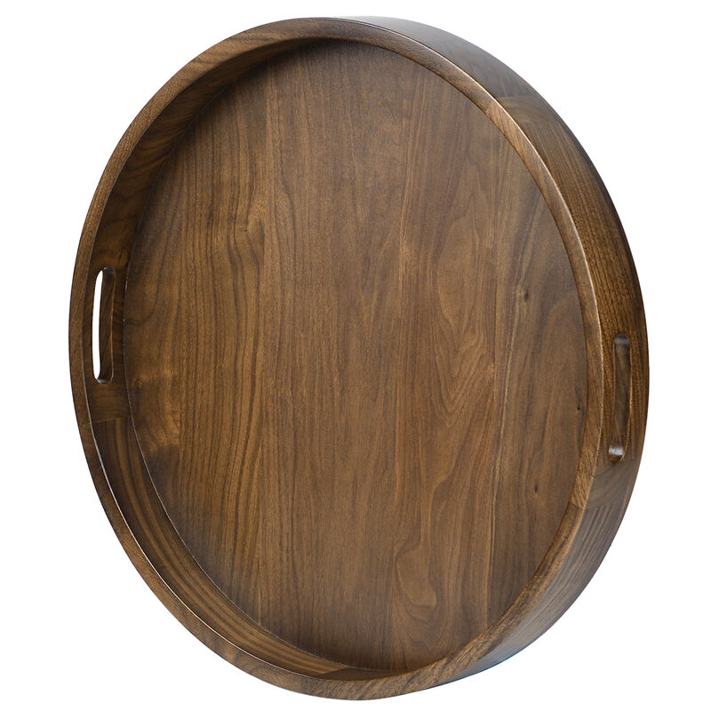 Round Black Walnut Wood Serving Tray Ottoman Tray with Handles image number 5