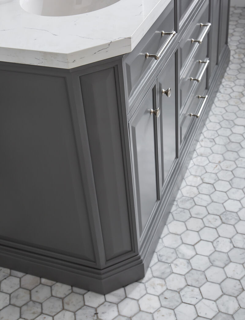 Palace 72 In. Double Sink Carrara Quartz Countertop Bath Vanity in Cashmere Grey with Polished Nickel (PVD) Hardware