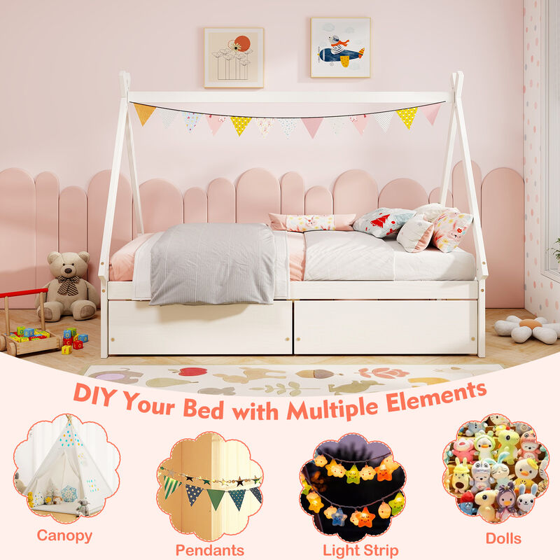 Wooden Tent House Bed with 2 Drawers &ndash; Fun and Stylish Kids&rsquo; Bedroom Furniture
