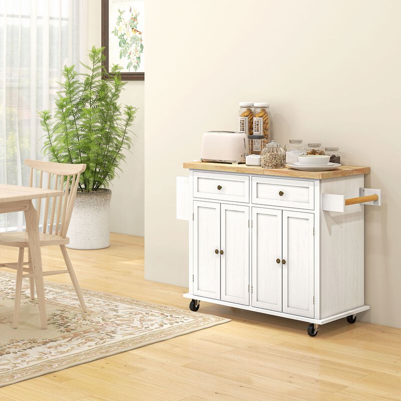 White Kitchen Island Cart: Rubberwood Top, Storage Drawers