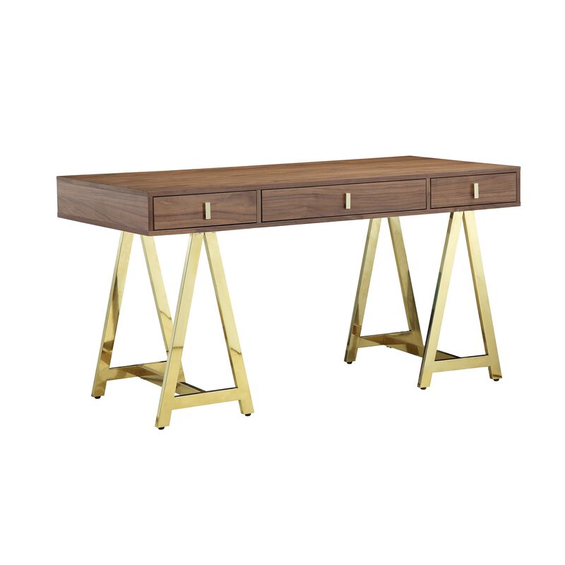 Ile 55 Inch Desk with 3 Storage Drawers, Brown Wood Veneer, Gold Metal - Benzara