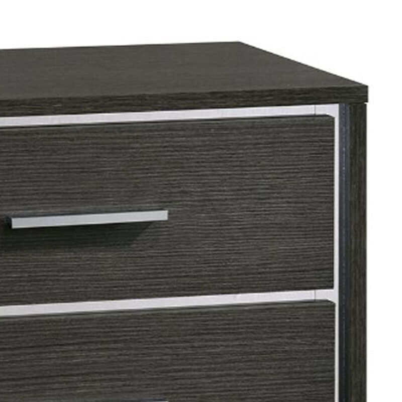 Contemporary Style Three Drawers Wooden Nightstand with Bar Handles, Dark Gray - Benzara