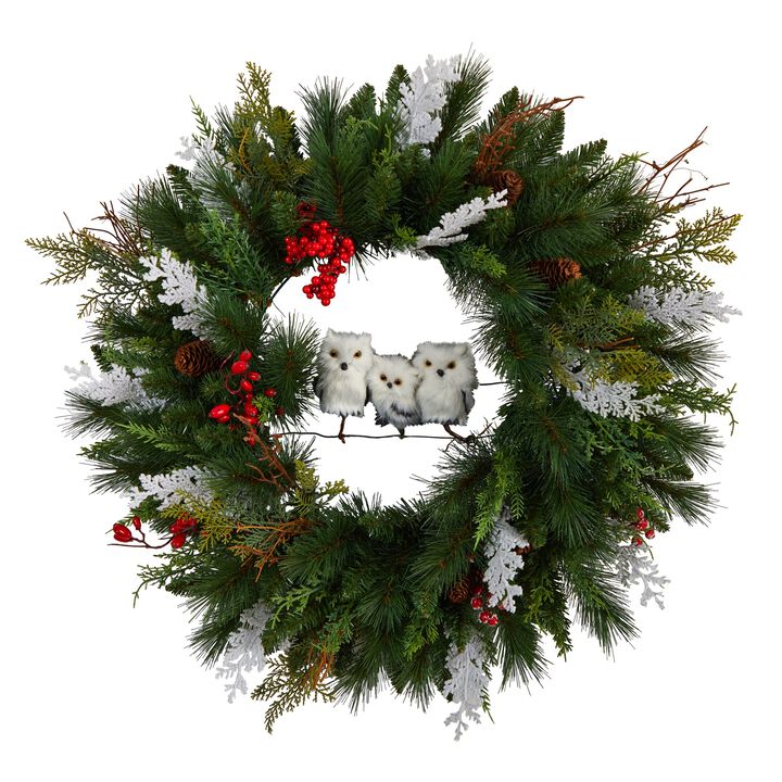HomPlanti 24" Holiday Winter Owl Family Pinecone Berry Christmas Artificial Wreath