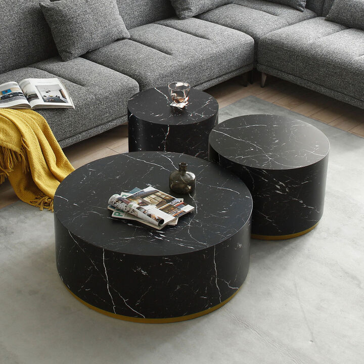 Set of 3 Black Marble Pattern Round Coffee Table side Table End Table Set for Living Room Fully Assembled