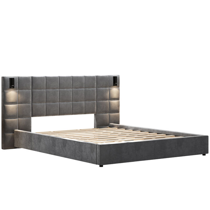 Velvet Bed Frame with Wall Sconce + USB Port &ndash; Wide Wingback Headboard, Modern Glam Platform, No Box Spring