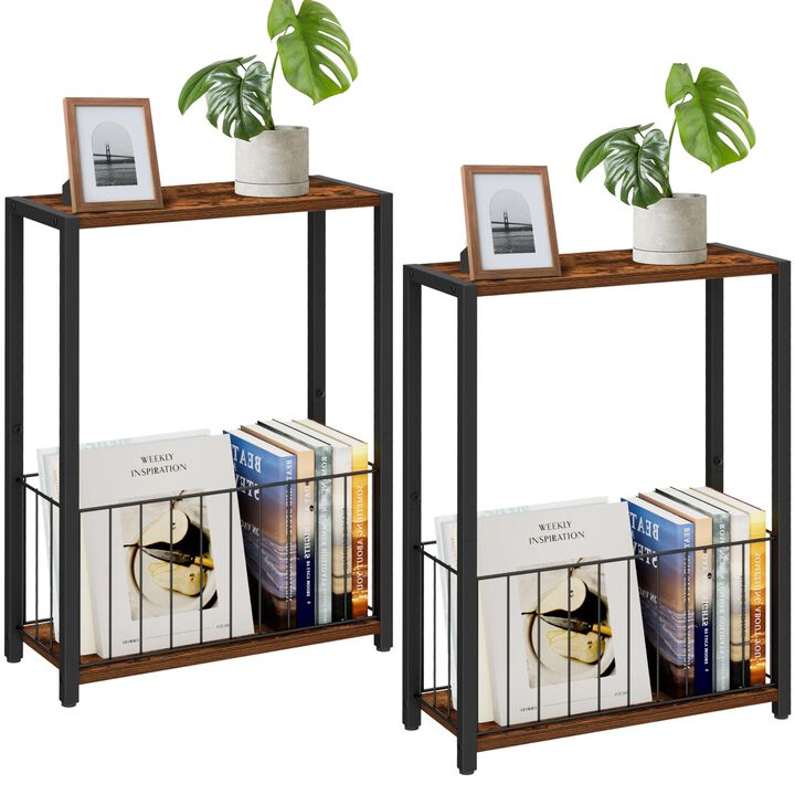Homleke Narrow Side Tables Set of 2 with Magazine Holder, Skinny End Tables Perfect for Small Spaces, Space-Saving Design for Li
