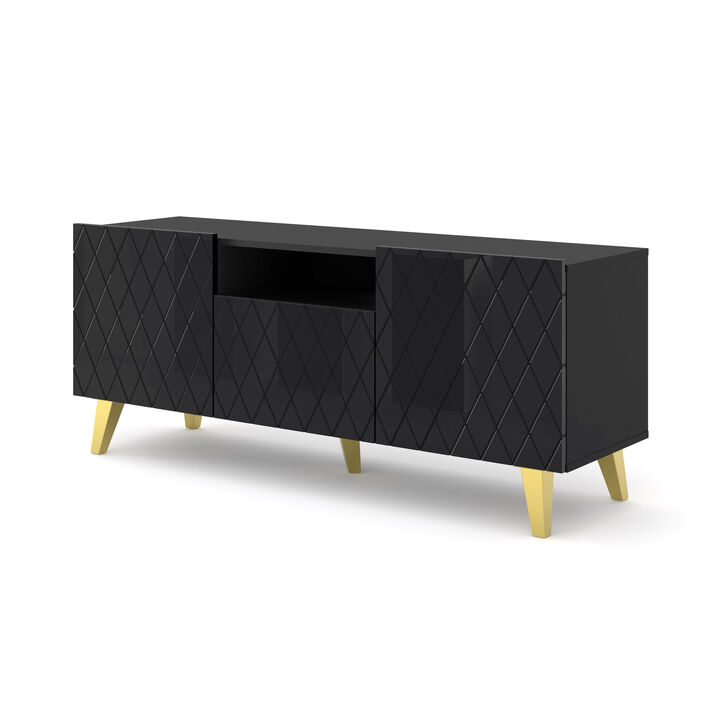 TV Stand DIUNA 3D 57'' Lowboard Milled MDF Fronts, Black High Gloss