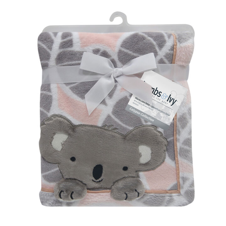 Lambs & Ivy Calypso Pink/Gray Koala Leaf Print Luxury Coral Fleece Baby Blanket