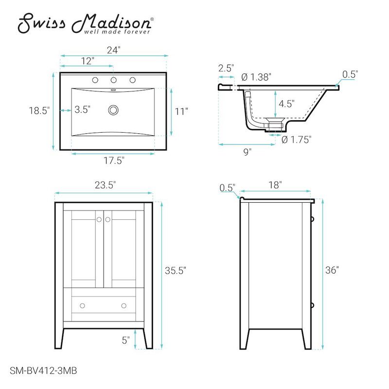 Cannes 24 in. White Bathroom Vanity with 3-Hole Ceramic Sink Top image number 4