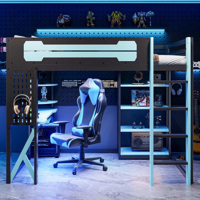 Merax Full Size Wood Loft Bed with Desk, Shelves, Power Outlet image number 2